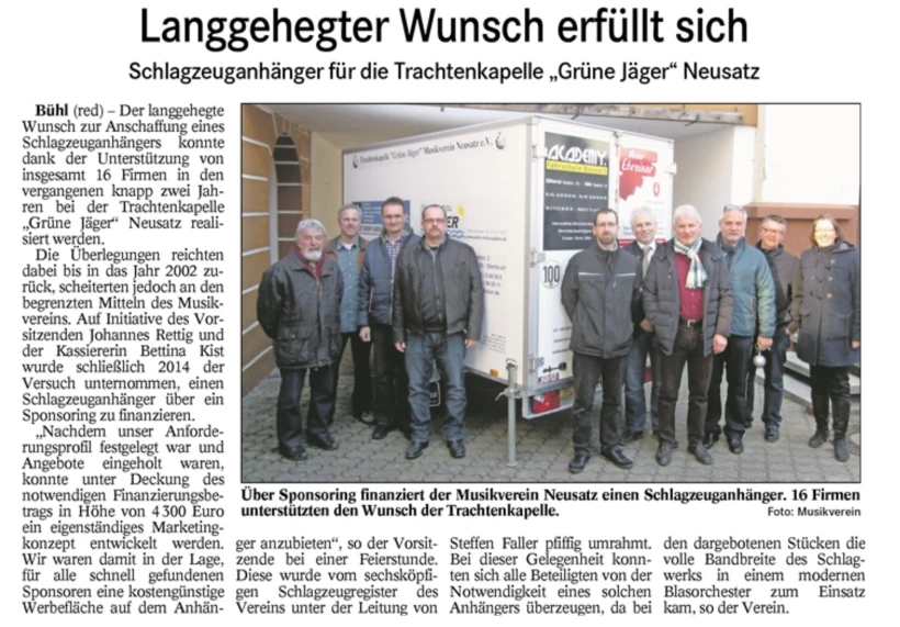 Pressebericht zur Anschaffung unseres Instrumente-Anhängers mit der Unterstützung unserer Sponsoren