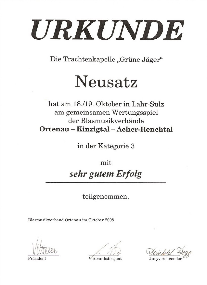 BDB-Urkunde: Wertungsspiel Lahr-Sulz 18./19. Oktober 2008, Kategorie 3, sehr guter Erfolg