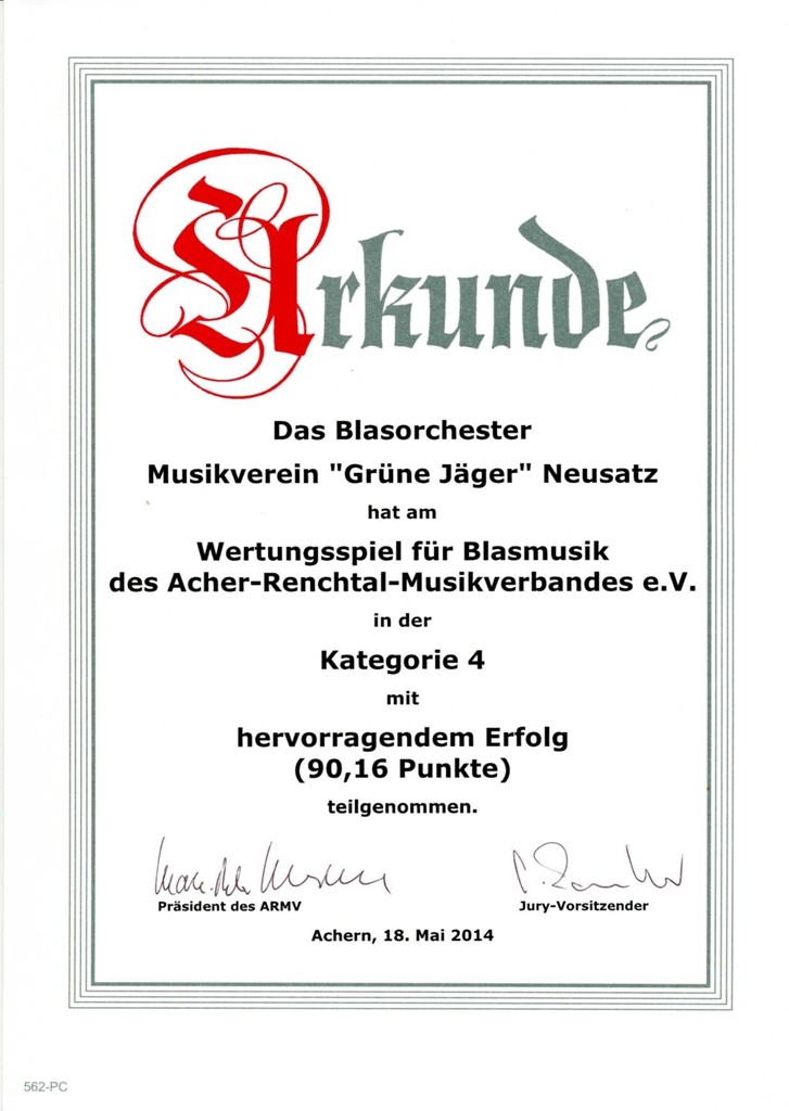 Urkunde des Acher-Renchtal-Musikverbandes: Wertungsspiel 2014, Kategorie 4, hervorragender Erfolg mit 90,16 Punkten