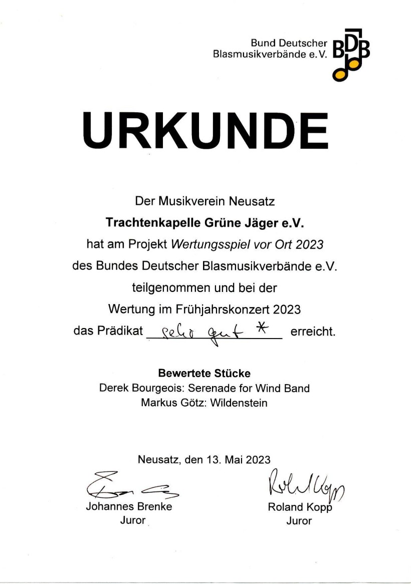 BDB-Urkunde: Wertungsspiel vor Ort 2023, Prädikat sehr gut