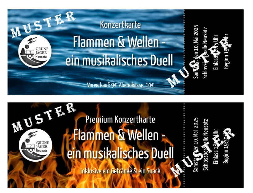 Musterbilder der Eintrittskarten für das Jahreskonzert 2025 der Grünen Jäger e.V. 