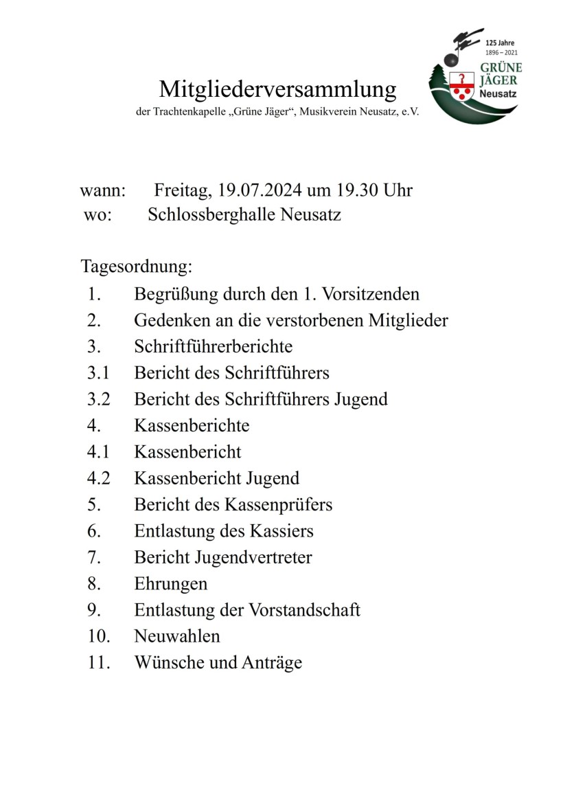 Tagesordnung der Mitgliederversammlung 2024 der Trachtenkapelle Grüne Jäger e.V.