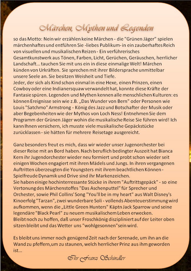 Grußwort von Franz Schindler zum 2. Serenadenkonzert „Märchen, Mythen und Legenden“