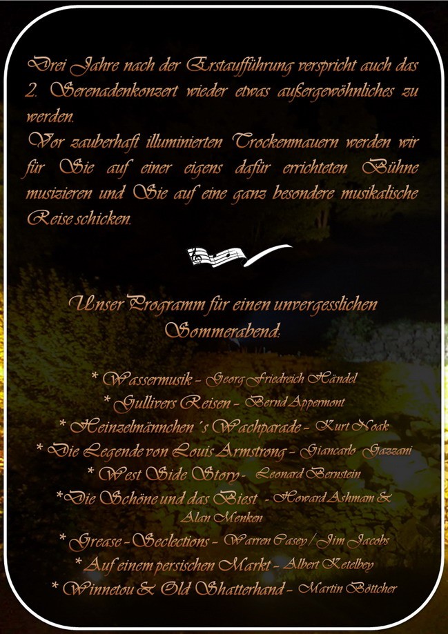 Programm des 2. Serenadenkonzerts „Märchen, Mythen und Legenden“