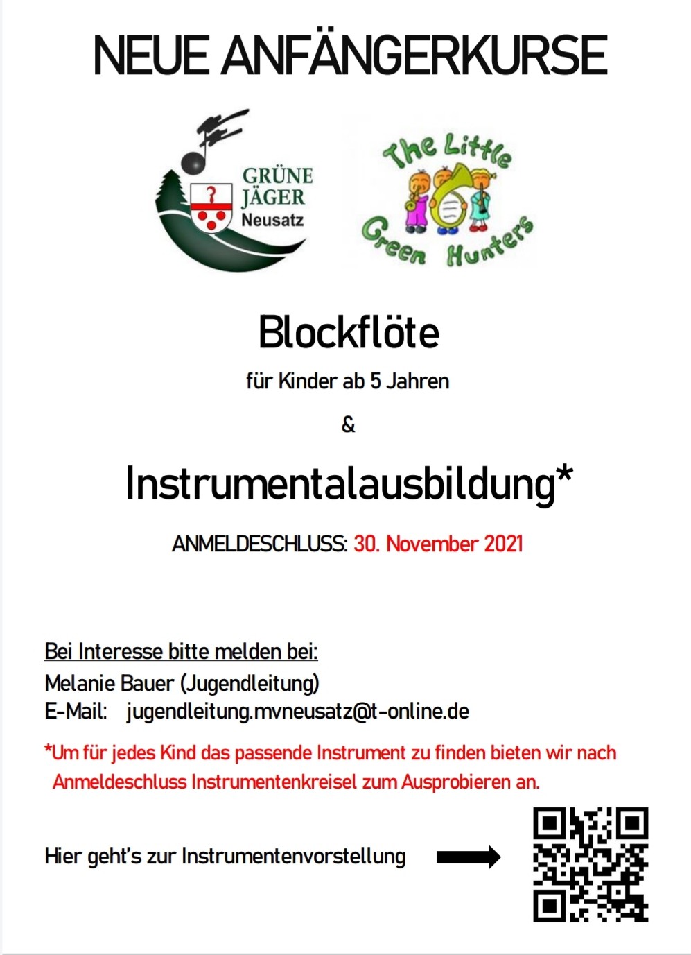 Nachwuchswerbung 2021 – Trachtenkapelle Grüne Jäger sucht junge Musikerinnen und Musiker